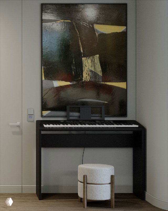Электронное пианино в прихожей под большой абстрактной картиной; виден круглый пуф и строгая минималистичная отделка коридора с древесным полом.