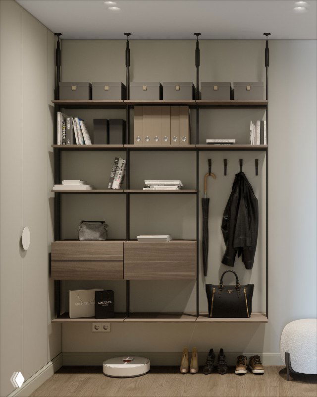 Открытый стеллаж для хранения обуви, сумок и зонтов; на нижней полке стоянка для робота-пылесоса, нейтральная цветовая гамма и аккуратная организация вещей.