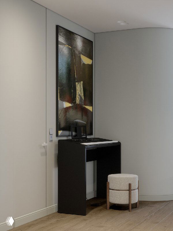 Компактное электронное пианино в углу коридора, рядом мягкий пуф и акцентная картина — пример интеграции музыкального инструмента в интерьер без перегрузки пространства.