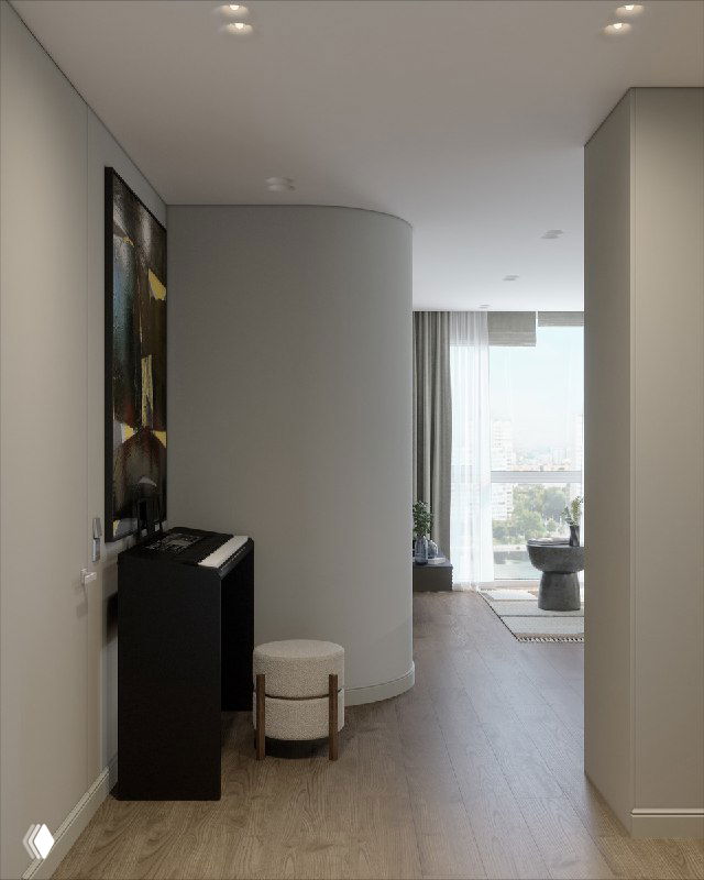 Общий план коридора и гостиной: пианино около стены, плавные линии интерьера и большое окно в гостиной, создающее ощущение легкости и отдыха.