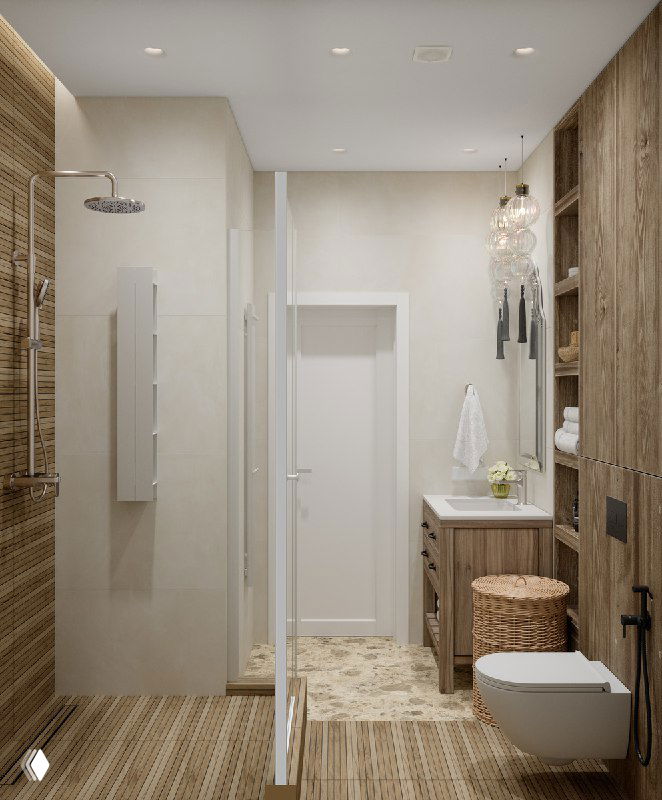 Общий вид санузла: душевая слева, проход к двери, тёплая деревянная отделка, зеркало и светильники в этническом стиле, уютная атмосфера для релакса.