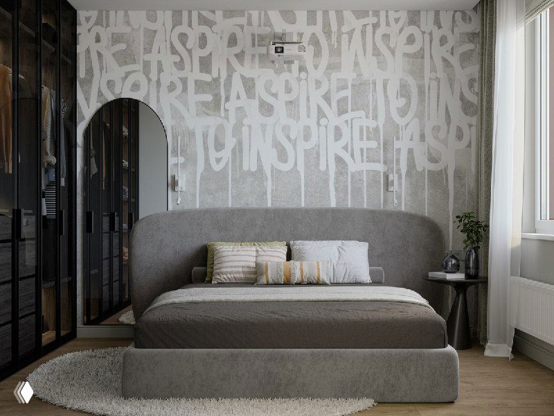 Спальня 10,4 м² с кроватью Molina: серое мягкое изголовье, декоративные граффити-обои и арочное напольное зеркало рядом.