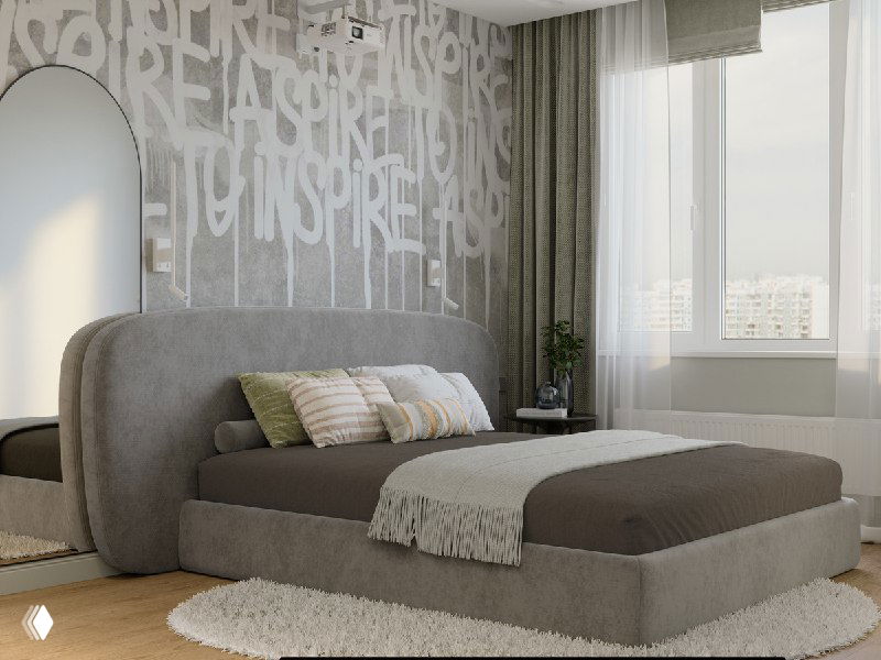 Вид сбоку на спальню 10,4 м²: кровать Molina у окна, полупрозрачные шторы, коврик у изножья и мягкое дневное освещение.