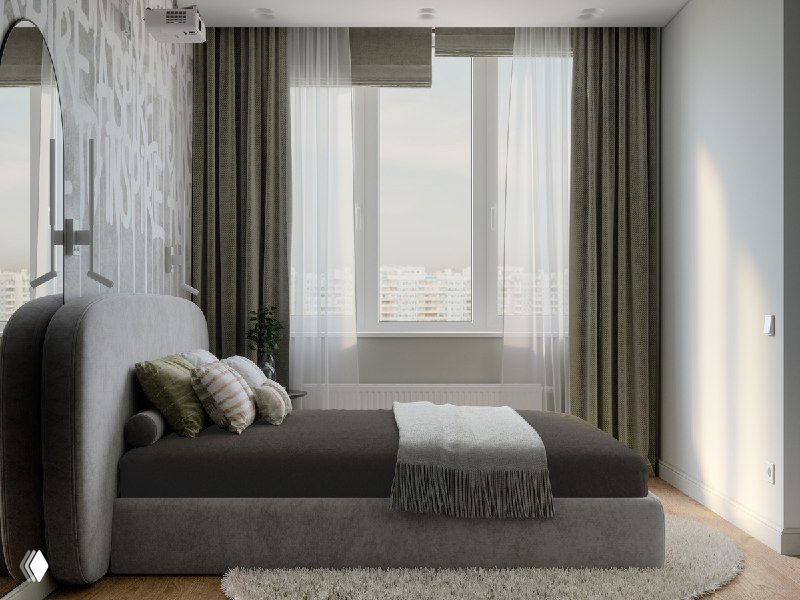 Спальня вид от окна: минималистичный интерьер в нейтральных тонах, низкая кровать и вид на город за прозрачными шторами.