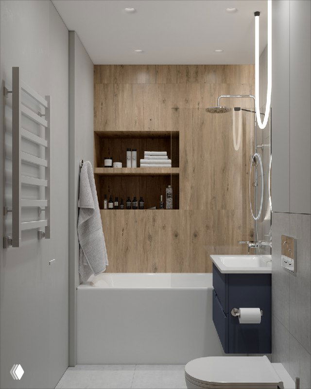 Узкая ванная комната с деревянной отделкой в зоне ванны, открытыми полками и аккуратно организованной зоной хранения рядом с душем и раковиной
