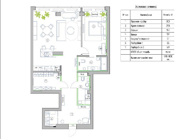 Планировочный чертёж с расстановкой: прихожая с двумя гардеробными, кухня с островом, приватная спальня и ванная.