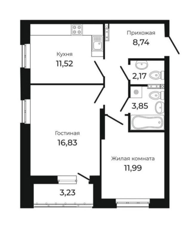 Чёрно‑белый поэтажный план с размерами комнат: кухня, гостиная, жилая комната и два санузла — исходная планировка до изменений.