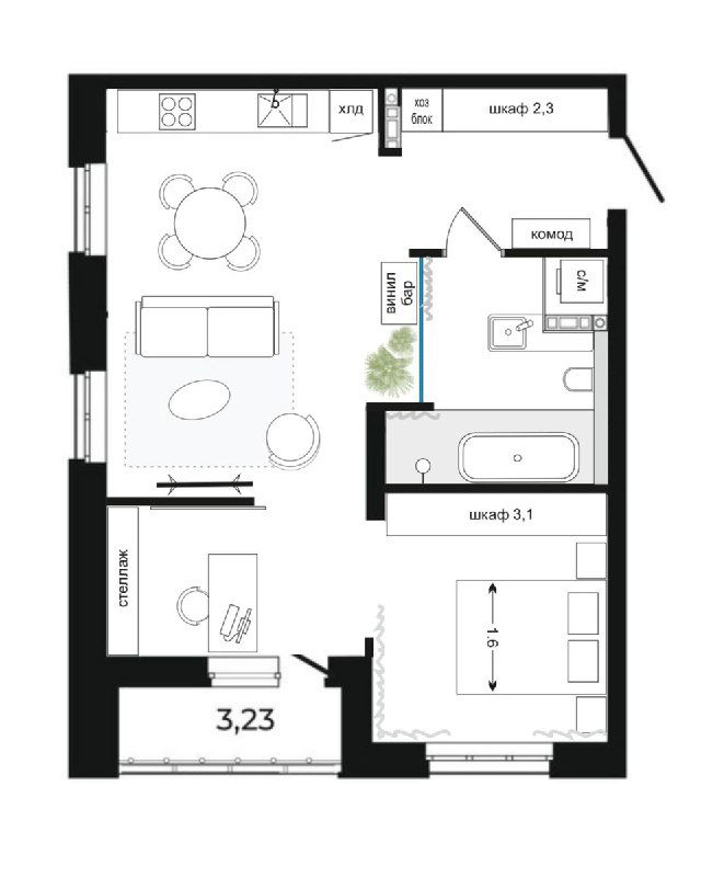 Изменённая планировка: объединённая ванная комната со стеклянной стеной, просторная кухня‑гостиная и кабинет‑трансформер отмечены на схеме.