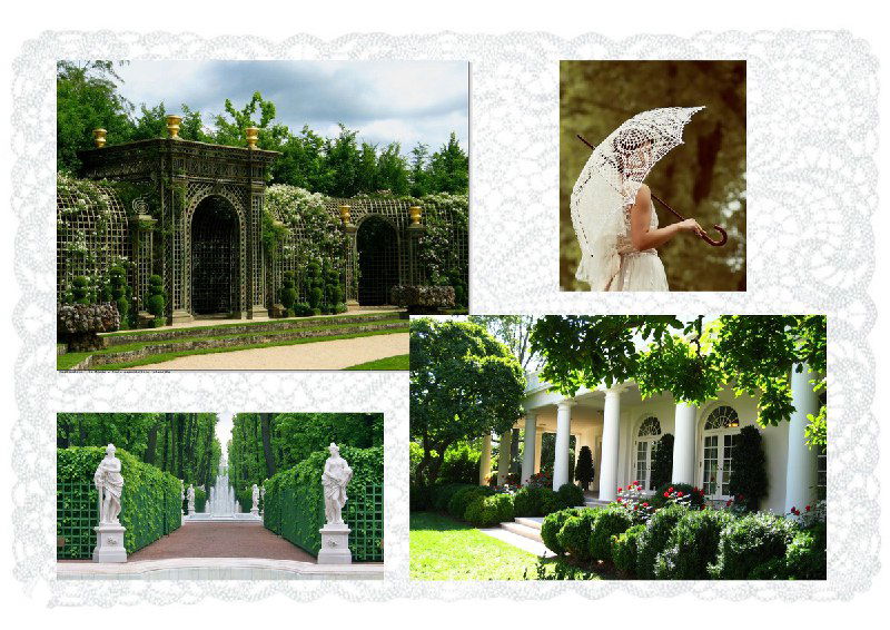 Коллаж садовых элементов: арки, статуи, колоннады и детали природы; иллюстрация источников стилистического вдохновения для проекта «Летний сад».