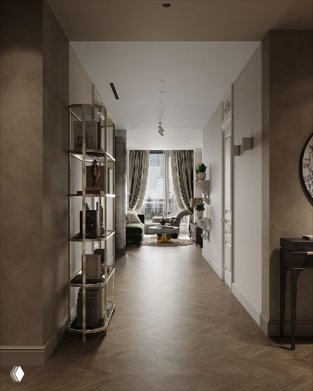 Фото длинного узкого коридора в светлых бежевых тонах: стеллаж слева, деревянный пол и вид на зону отдыха у окна.