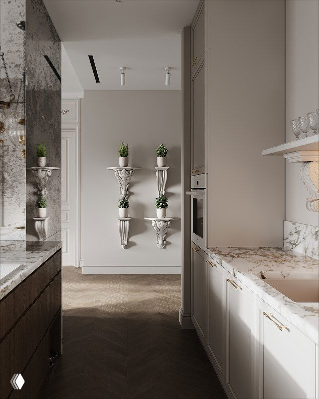 Вид от кухни в коридор: белая кухня справа и декоративные резные консоли с горшками на стене, акцент на зелёный уголок.