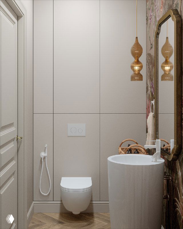 Фронтальный вид санузла: подвесной унитаз и раковина, на стене незаметные фасады для хранения и панель для коллекторной системы.