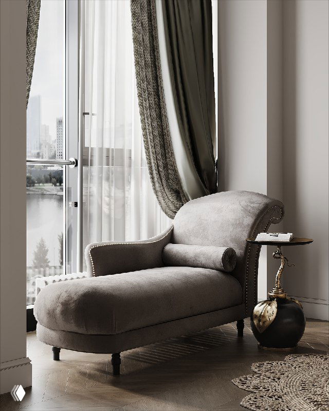 Кушетка с изогнутой спинкой у панорамного окна, шторы оливкового оттенка и низкий декоративный столик создают уютную зону для отдыха.