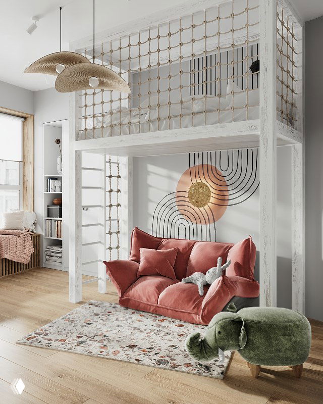 Детская комната с белой кроватью-чердаком, розовым диваном, ковром и мягкими игрушками в светлом интерьере