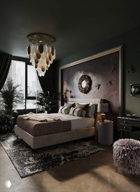 Мастер-спальня с приглушённо‑зелёными стенами и потолком, кровать с фиолетовым декоративным изголовьем и золотыми акцентами, винтажный ковер.