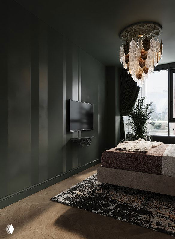 Стена напротив кровати с глянцевыми вертикальными полосами, подвешенным телевизором и элементами, задающими ритм интерьера, часть спальни с ковром и люстрой.