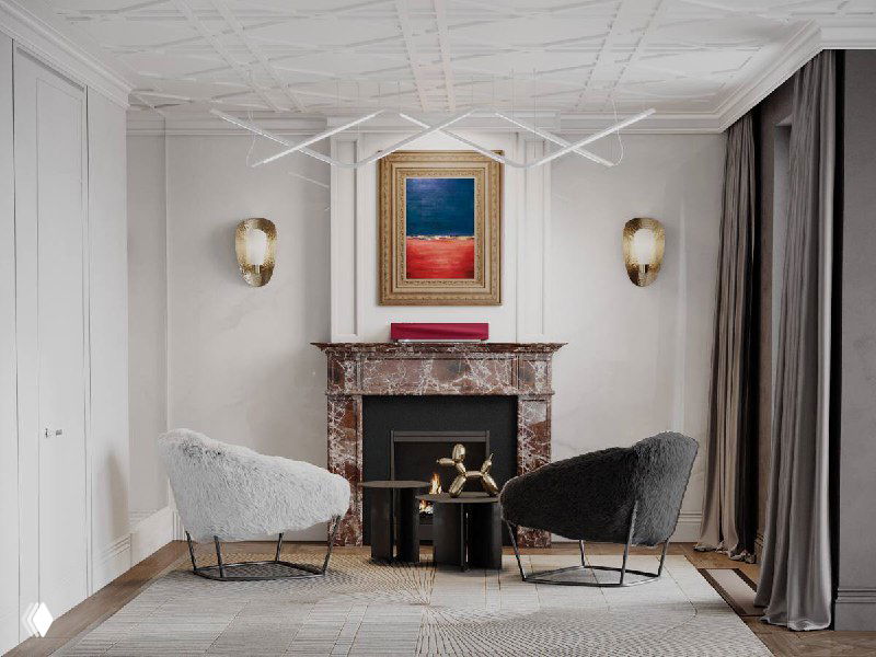 Светлая гостиная с мраморным камином, двумя мягкими креслами и крупной яркой картиной в золотой раме над камином, элегантный интерьер.