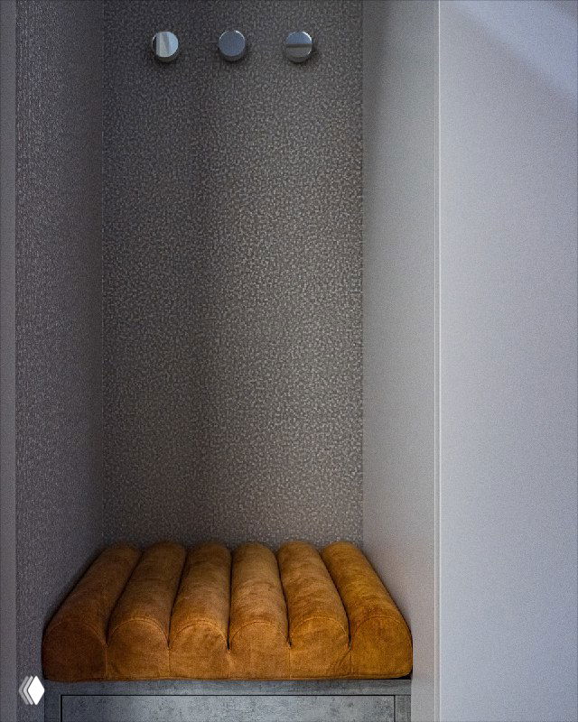 Углубление в прихожей с сиденьем и пышной бархатной подушкой оранжевого тона; над ним ряд мелких круглых зеркальных крючков, решающих декоративную задачу.