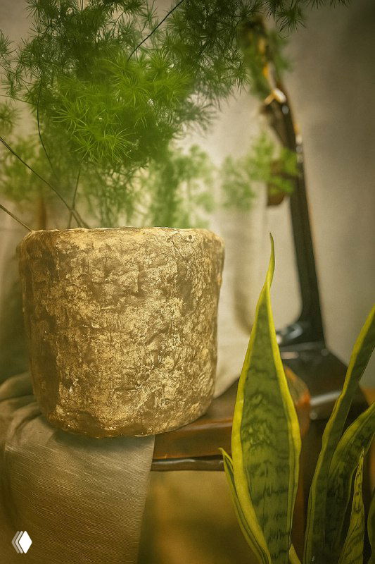 Крупный план текстурированного кашпо бежевого цвета на подоконнике с растением в фоне, видно зернистую фактуру поверхности и декоративный стиль.