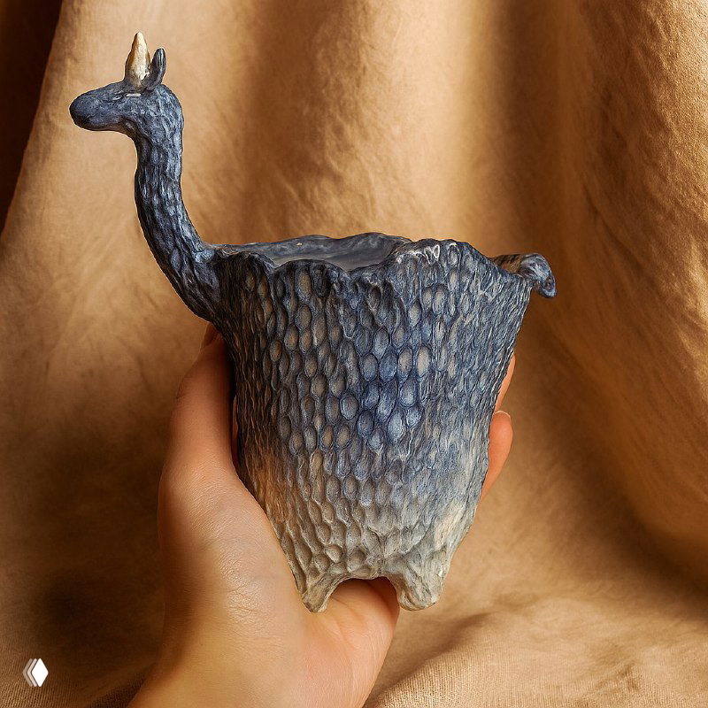 Ручная керамика: синее текстурированное кашпо в форме животного, показано в руке на фоне бежевой ткани, видна фактура и форма изделия.