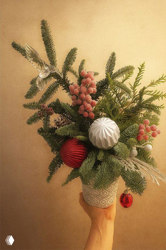 Рука держит небольшую новогоднюю композицию: еловые ветки, шишки и красные игрушки на тёплом бежевом фоне