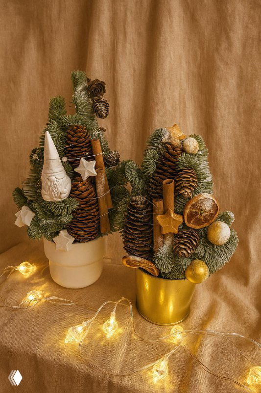 Две конические новогодние композиции из хвои, шишек, засушенных апельсинов и золотых украшений на праздничном фоне