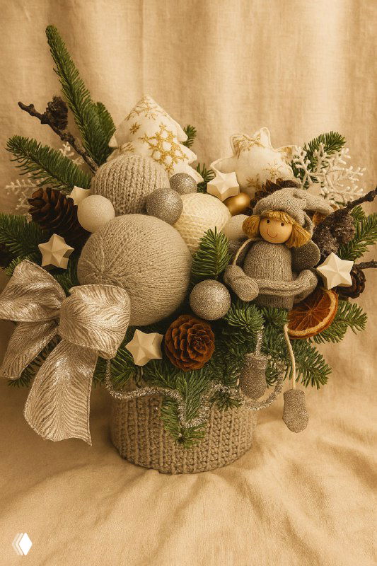 Корзина с новогодней флористической композицией: еловые ветки, вязаные шарики, шишки и игрушки на бежевом фоне