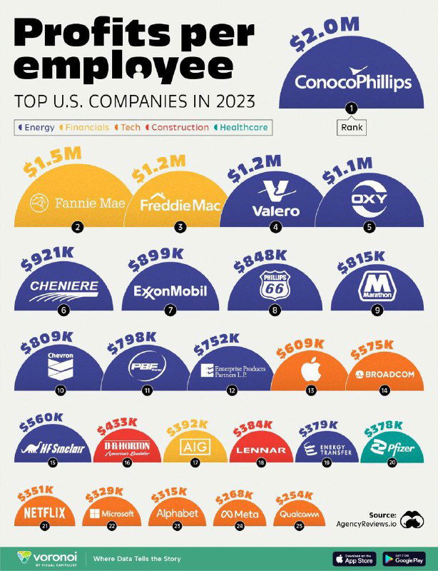 ТОП компаний США по прибыли на одного сотрудника