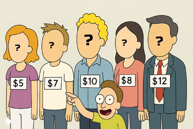 Карикатура: группа людей с прикреплёнными ценниками у каждого персонажа, персонаж указывает на них — метафора сегментации аудитории и ценности подписчика.