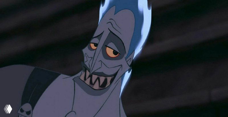 Сцена: крупный план анимированного персонажа с синими «огненными» волосами и насмешливым выражением на тёмном фоне.