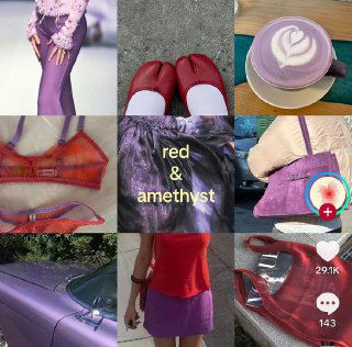 Коллаж red & amethyst: сочетание красного и аметистового в макияже, одежде и аксессуарах как вдохновение для ярких окрашиваний волос и образов.