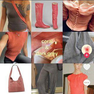 Коллаж coral & dark grey: коралловые и темно-серые акценты в образе, обуви и сумках, пригодные для вдохновения при подборе цветового решения волос.