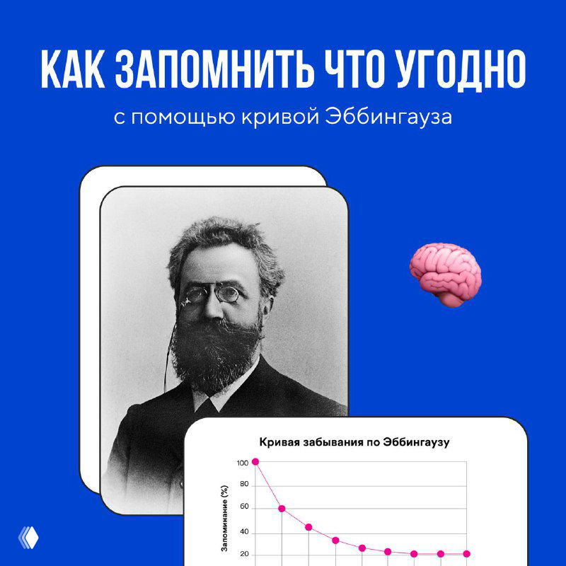 Слайд-обложка с портретом Германа Эббингауза, небольшим графиком кривой забывания и заголовком о запоминании на синем фоне.
