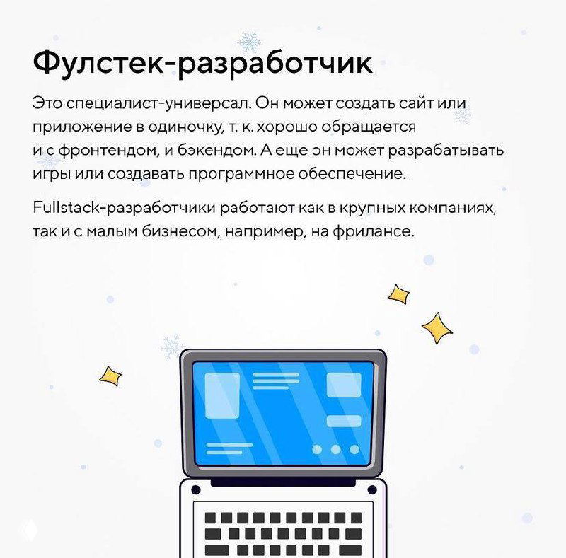Слайд «Фулстек-разработчик» с описанием универсальной роли: работа и с фронтендом, и с бэкендом, участие в создании сайтов и приложений.