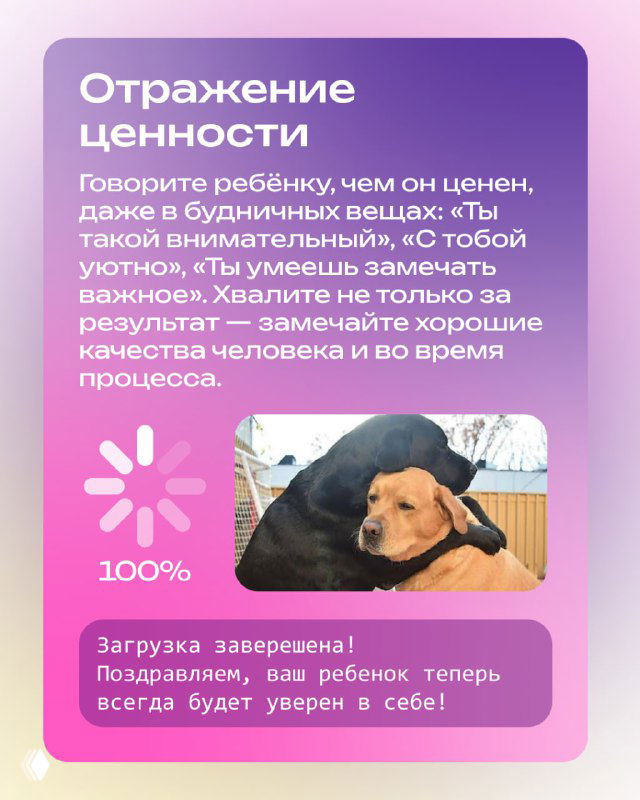 Карточка «Отражение ценности» с советами отмечать усилия ребёнка и фотографией собаки и щенка, символизирующей поддержку и завершение прогресса.
