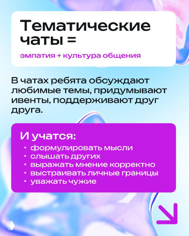 Карточка с заголовком «Тематические чаты = эмпатия + культура общения», пункты о формулировке мыслей, умении слышать и выстраивать границы.