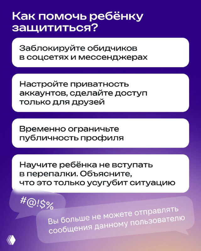Инфографика с советами по защите ребёнка: блокировки обидчиков, настройка приватности аккаунтов, временное ограничение публичности профиля на фиолетовом фоне.