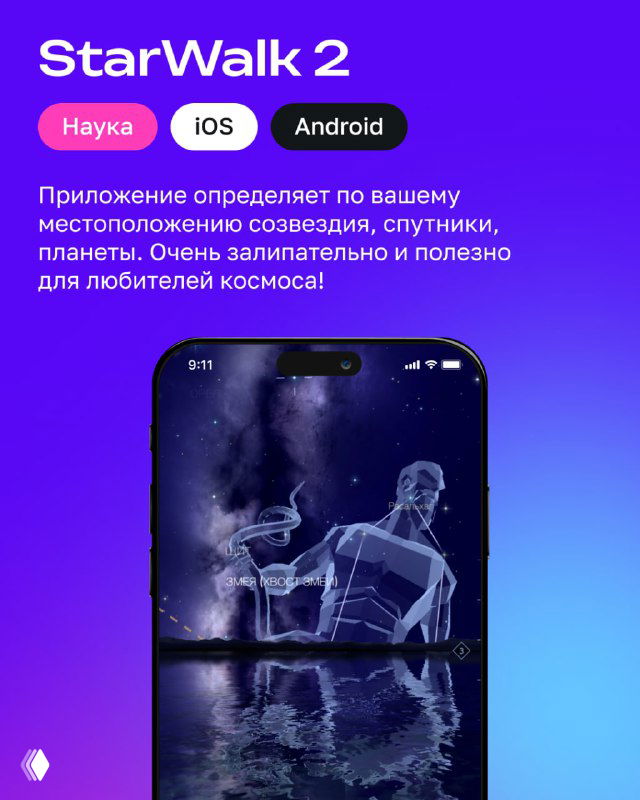 Картинка карточки StarWalk 2: изображение созвездий и планет на экране телефона на градиентном фиолетовом фоне, краткое описание и метки платформ.