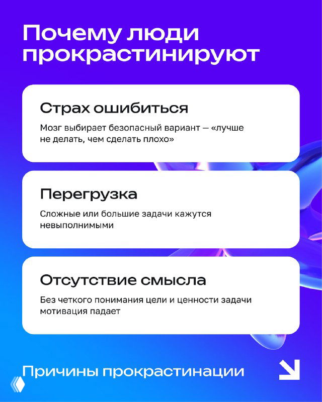 Инфографика с заголовком «Почему люди прокрастинируют» и блоками: страх ошибки, перегрузка, отсутствие смысла на ярком фоне.