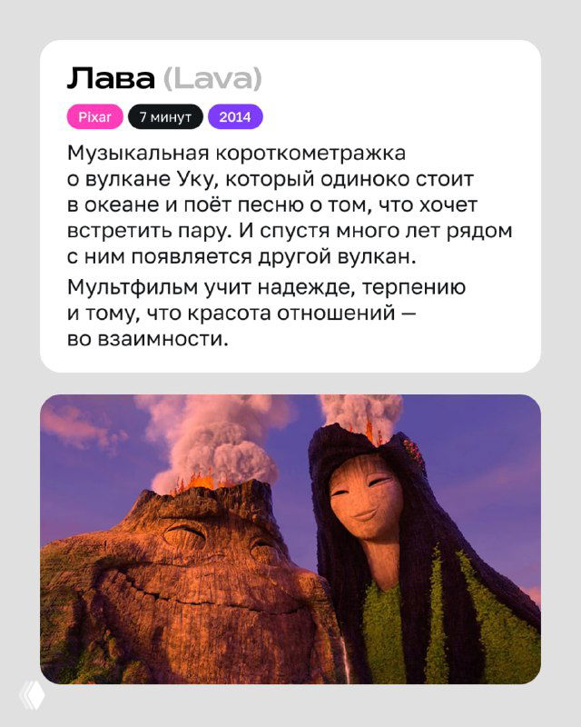 Кадр из «Лава (Lava)»: музыкальная сцена с вулканом и океаном, визуально подчёркивающая надежду, терпение и взаимность в отношениях.