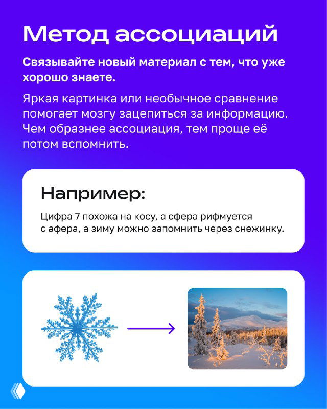 Слайд о методе ассоциаций: изображение снежинки и зимнего пейзажа как пример визуальной связи для запоминания информации.