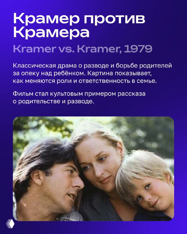 Карточка фильма «Крамер против Крамера» с фотографией семьи и кратким описанием драмы о разводе и воспитании ребёнка.