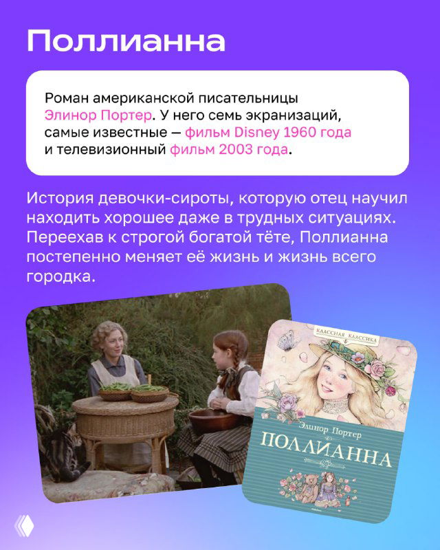 Страница с заголовком «Поллианна»: изображение книжной обложки, кадр из экранизации и краткая аннотация о героине и её истории.