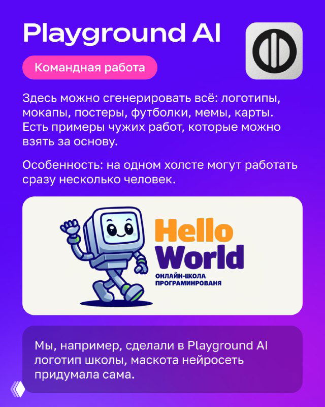 Инфопанель про Playground AI: фиолетовый фон, логотип Playground AI, примеры макетов и логотипа Hello World, указание на командную работу в сервисе.