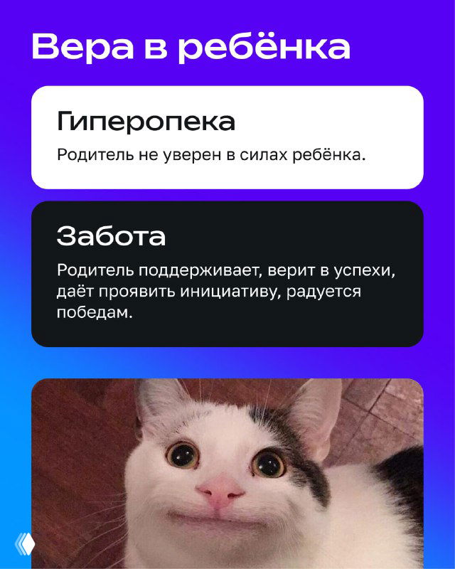 Слайд «Вера в ребёнка»: текст о поддержке, развитии инициативы и уверенности; снизу фото улыбающегося кота как позитивный визуальный акцент