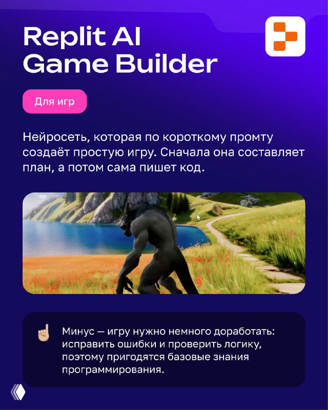Карта Replit AI Game Builder: нейросеть для быстрого создания простой игры по промпту, пример экрана с игровым миром и комментарии.