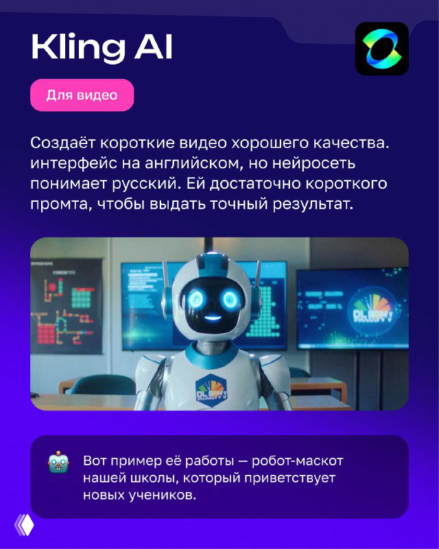 Карта Kling AI: инструмент для создания коротких видео, интерфейс и пример — упоминание о работе с русским языком и точности результата.