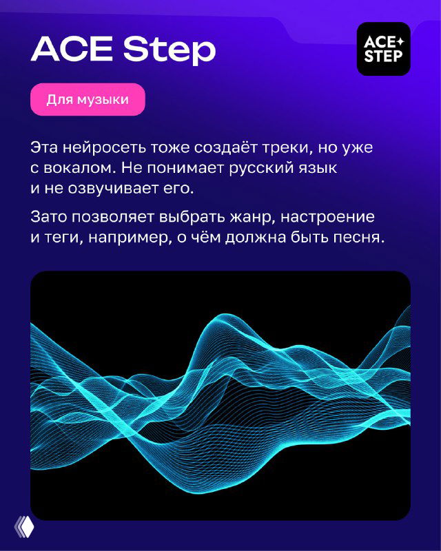 Карта ACE Step: создание треков с вокалом, отметка о слабом понимании русского языка и визуализация звуковой волны на фоне.