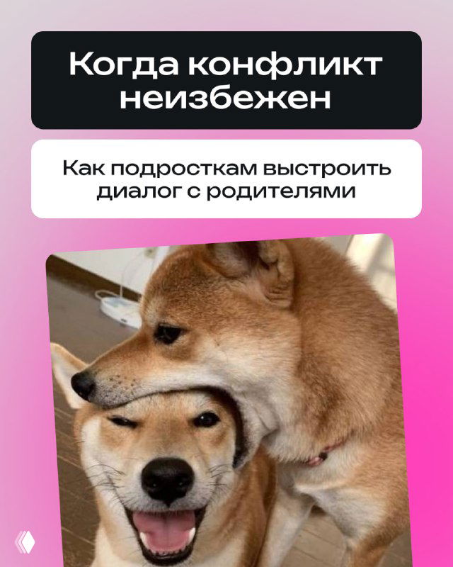 Иллюстративный слайд с розовым фоном и двумя собаками; заголовок «Когда конфликт неизбежен» — визуальная метафора диалога подростка и родителей.