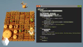 Игровой скриншот: вид фермы с грядками и окно редактора кода, где виден скрипт управления дронами на упрощённом Python.